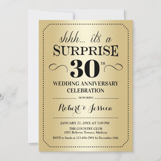 Invitation Surprise pour les 30 ans de mariage - Or Noir (Devant)