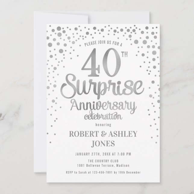 Invitation Surprise pour les 40 ans de mariage - Argent et Bl (Devant)