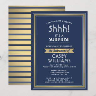 Invitation Surprise Retirement Party Navy Blue White Gold