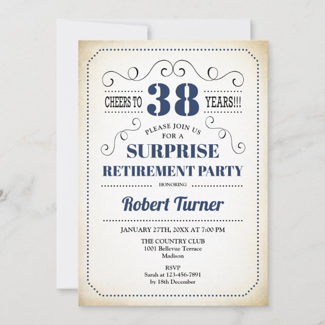 Invitation Surprise Retraite Party - Bleu bleu marine (Devant)