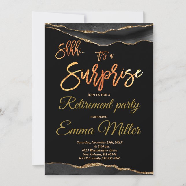 Invitation Surprise Retraite Party, Elegant Gold et Black (Devant)