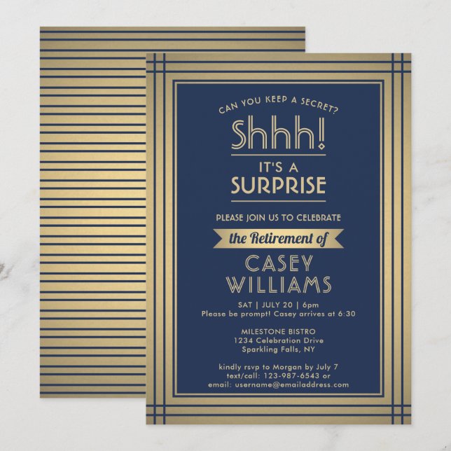 Invitation Surprise Retraite Party Elégant Marine Bleu & Or (Devant / Derrière)