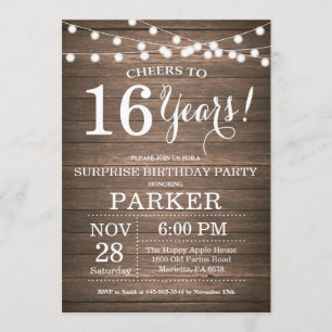Invitation surprise Rustic 16e anniversaire Bois