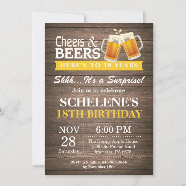 Invitation Surprise Rustic Cheers and Beers 18e anniversaire (Devant)