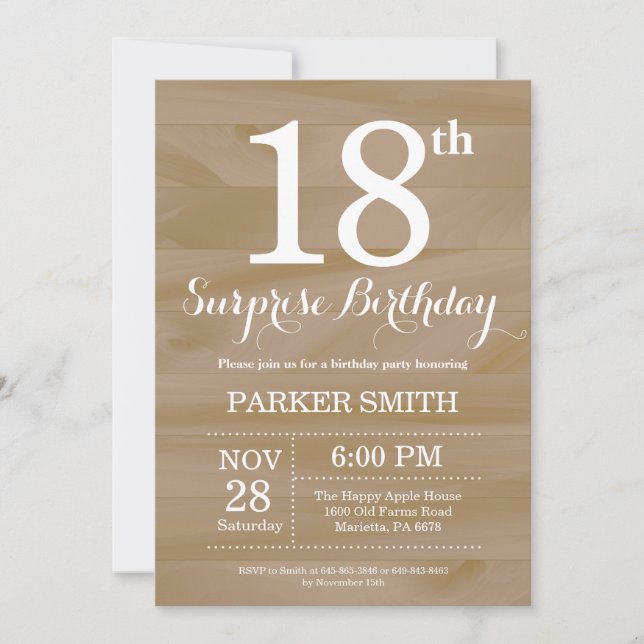 Invitation surprise rustique pour 18 ans (Devant)