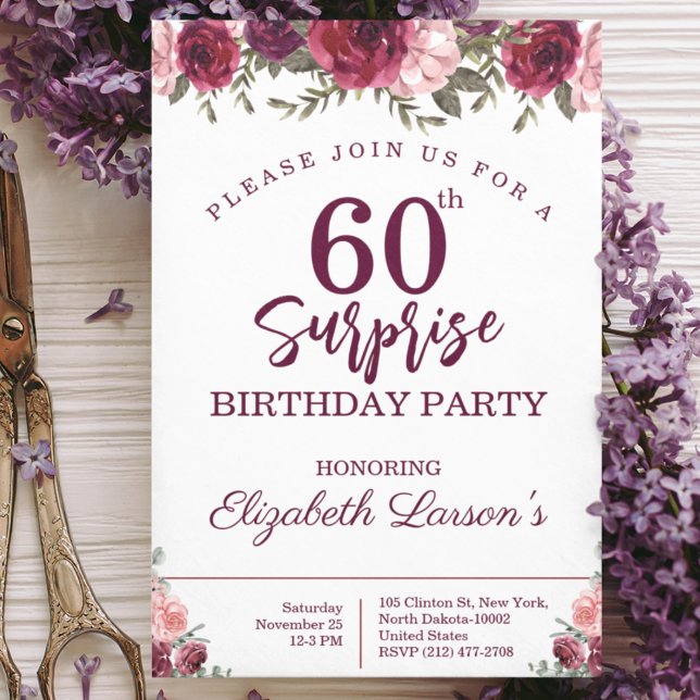 Invitation Surprise Senior Anniversaire fête Floral Bourgogne (Créateur téléchargé)