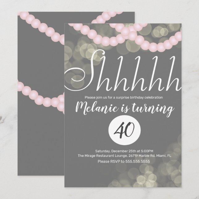 Invitation Surprise Shhhhh Pink Pearl Bokeh fête d'anniversai (Devant / Derrière)