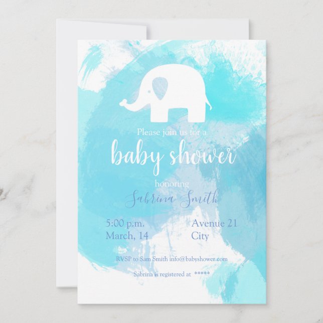 Invitation süße Baby Party Einladung blau aquarell Elefant (Devant)