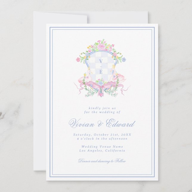 Invitation Swan Crest Monogram Coastal Blue Wedding (Devant)