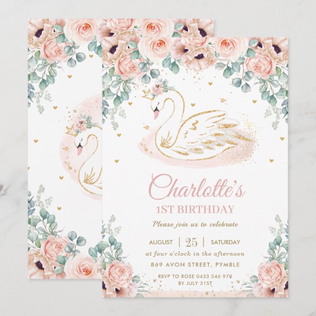 Invitation Swan Princess Blush Pink Floral Gold 1er anniversa (Devant / Derrière)