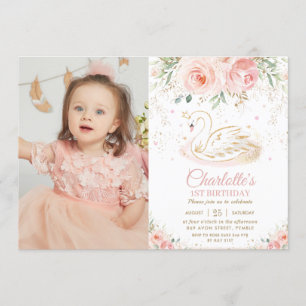 Invitation Swan Princess Blush rose Floral 1er anniversaire P