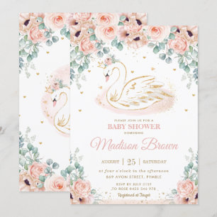 Invitation Swan Princess Blush Rose Floral Baby shower or