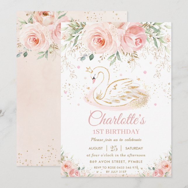 Invitation Swan Princess Blush Rose Floral Gold Girl Annivers (Devant / Derrière)