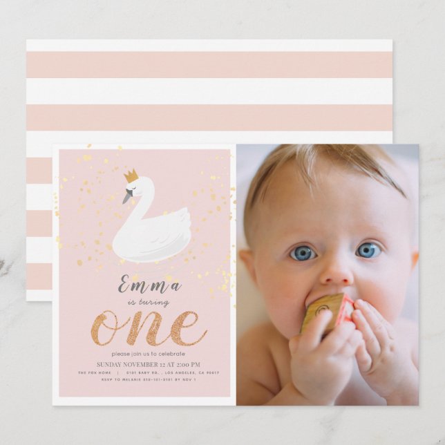 Invitation Swan Princess Pink Girl Photo 1er anniversaire (Devant / Derrière)