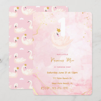 Invitation Swan Princess Pink & Gold Aquarelle 1er anniversai