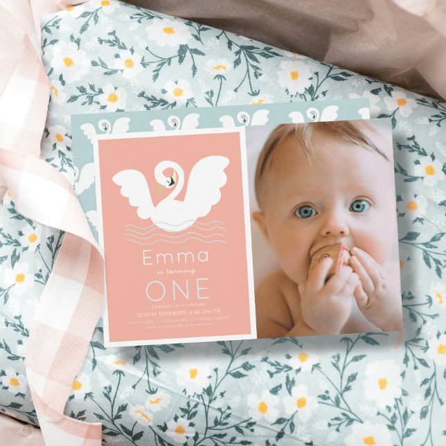 Invitation Swan Princess Pink Modern Girl 1er anniversaire Ph (Créateur téléchargé)
