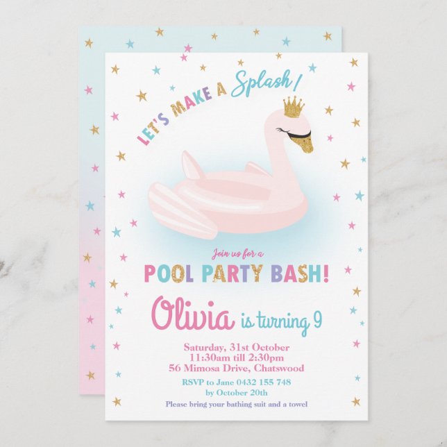 Invitation Swan Princess Pool Party Anniversaire Fille Floati (Devant / Derrière)
