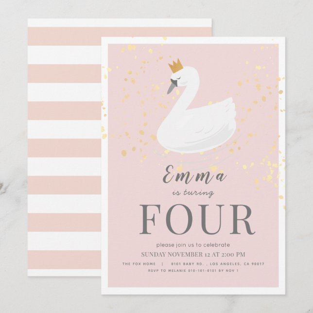 Invitation Swan Princess Rose Girl Anniversaire (Devant / Derrière)