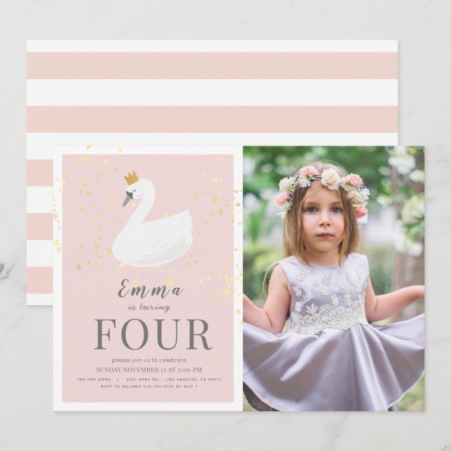 Invitation Swan Princess Rose Girl Photo Anniversaire (Devant / Derrière)