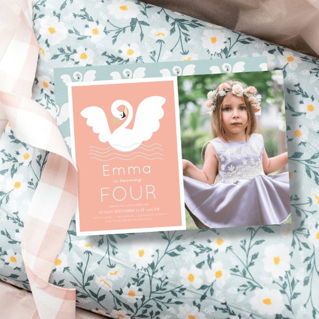 Invitation Swan Princess Rose Moderne Girl Photo Anniversaire (Créateur téléchargé)