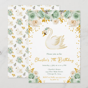 Invitation Swan Sage Green et Gold Roses fête d'anniversaire