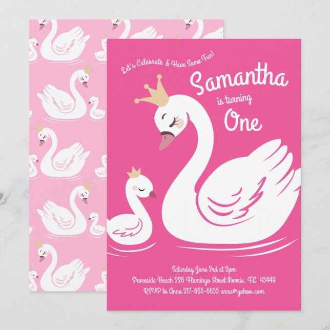 Invitation Swans Cute 1ère fête d'anniversaire Pink Girls (Devant / Derrière)