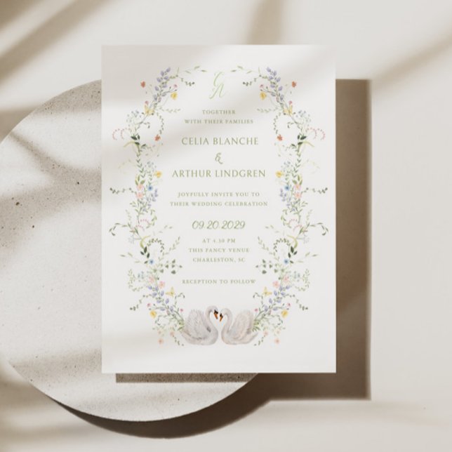 Invitation Swans Floral Frame Monogram Wedding  (Créateur téléchargé)