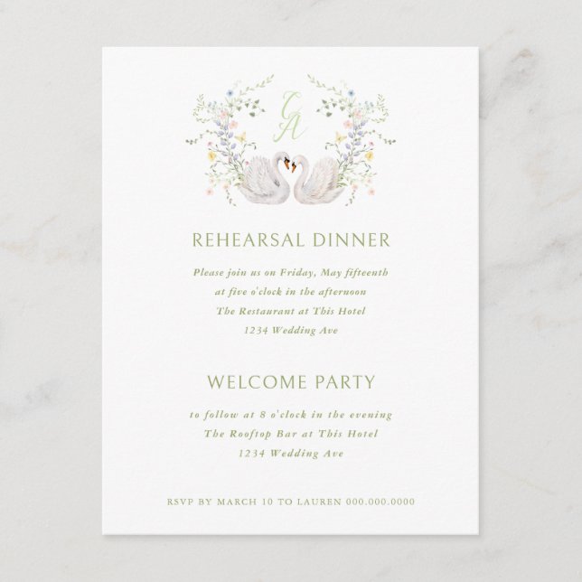 Invitation Swans Floral Monogram Crest Rehearsal Dinner (Devant)