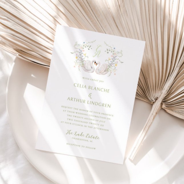 Invitation Swans Floral Monogram Crest Wedding  (Créateur téléchargé)