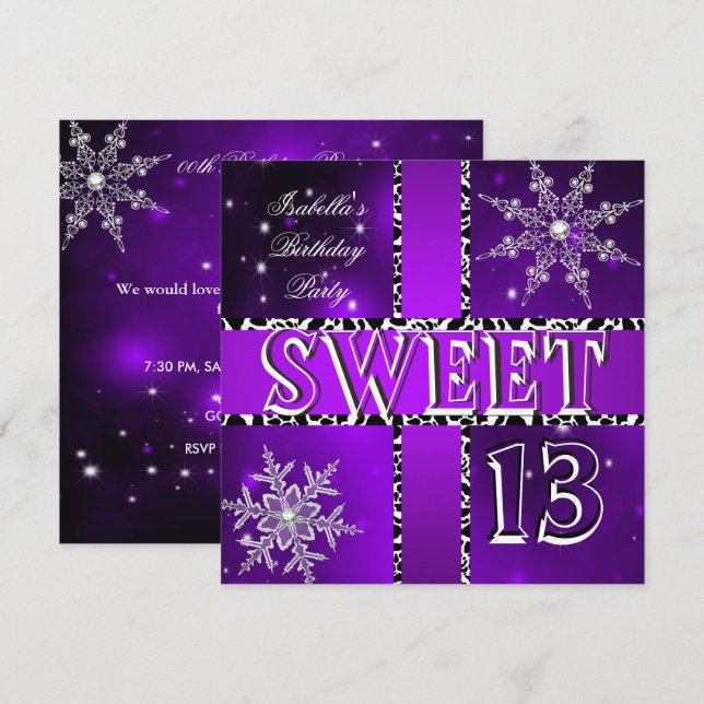 Invitation Sweet 13 13e anniversaire Purple Winter Wonderland (Devant / Derrière)