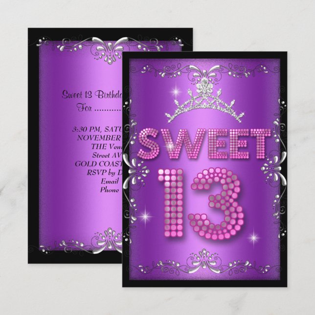 Invitation Sweet 13 13e Anniversaire rose violet noir (Devant / Derrière)