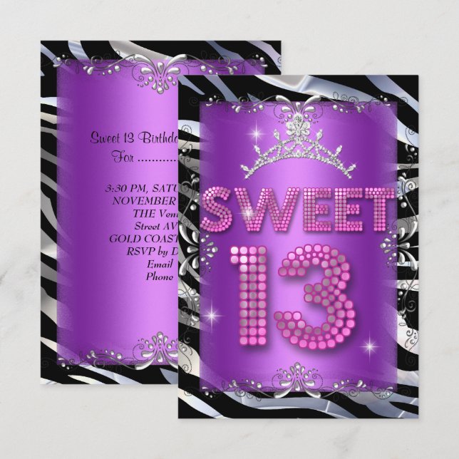 Invitation Sweet 13 13e Anniversaire rose violet Zèbre (Devant / Derrière)