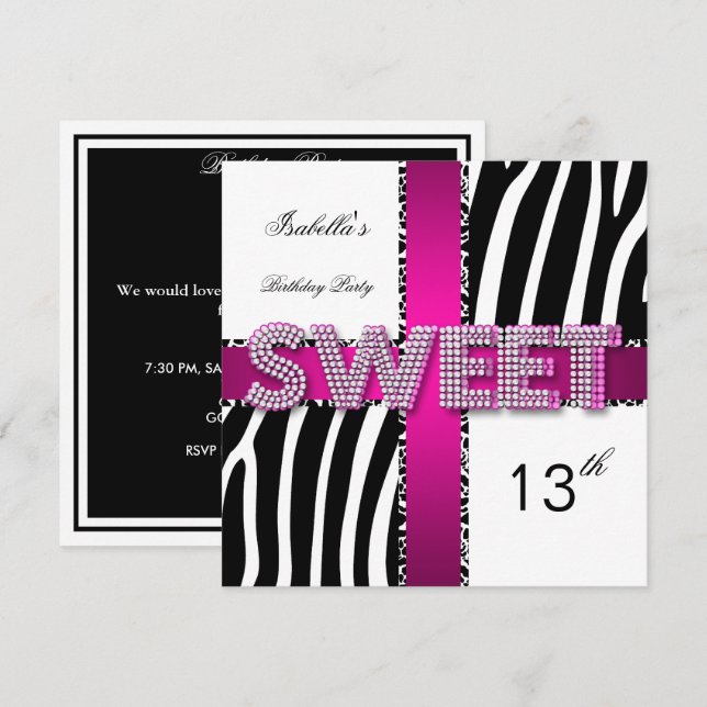 Invitation Sweet 13 13e anniversaire Vache zébrée rose noir b (Devant / Derrière)