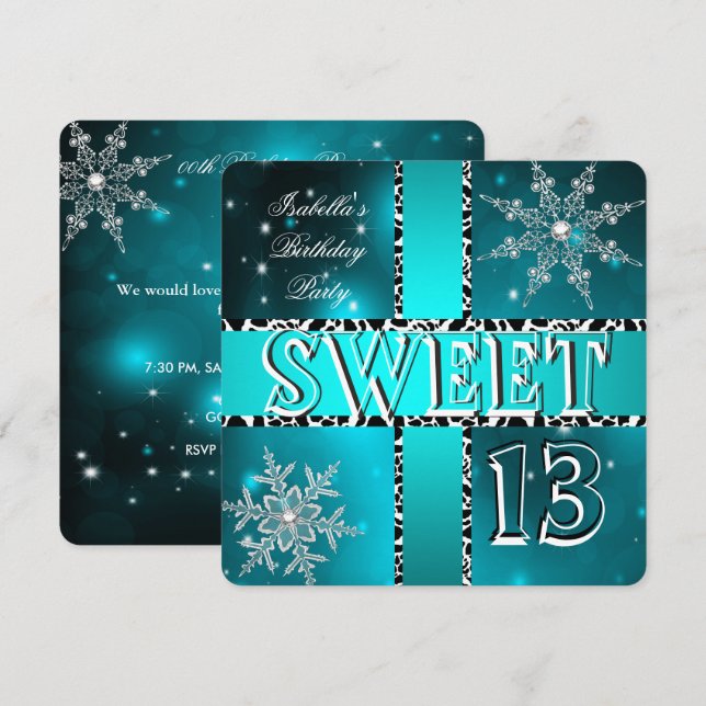 Invitation Sweet 13 13e Anniversaire Wonderland hiver Turquoi (Devant / Derrière)