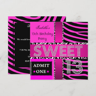 Invitation Sweet 13 13e anniversaire Zebra Cow Hot rose Noir