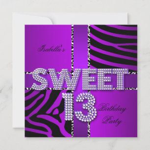 Invitation Sweet 13 13e anniversaire Zebra Cow violet noir