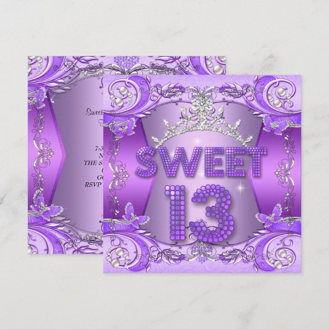 Invitation Sweet 13 13e fête d'anniversaire Purple Silver Tia (Devant / Derrière)