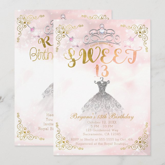 Invitation SWEET 13 13ème Princesse rose Éperche fête d'anniv (Devant / Derrière)