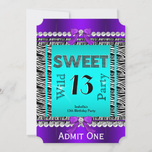 Invitation Sweet 13 Fun Party Zebra Turquoise Bleu pourpre Bi
