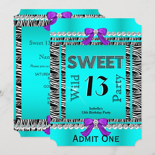 Invitation Sweet 13 Fun Party Zebra Turquoise Bleu violet Bil (Devant / Derrière)