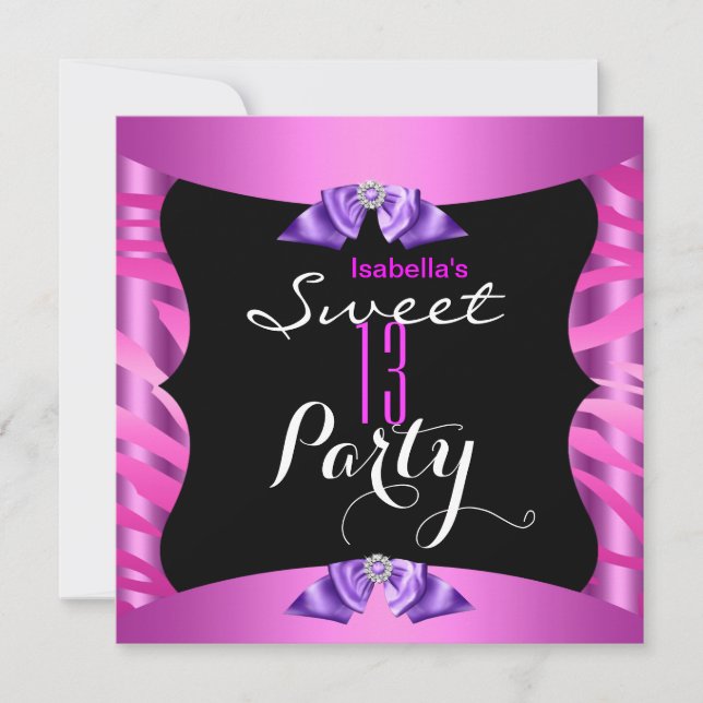 Invitation Sweet 13 mignon rose violet Zèbre noir anniversair (Devant)