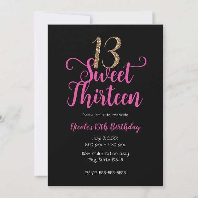 Invitation Sweet 13 Rose Black Gold Treizième fête d'annivers (Devant)