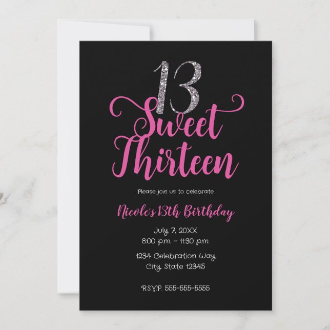 Invitation Sweet 13 Rose & Noir Treizième fête d'anniversaire (Devant)