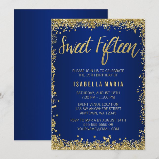 Invitation Sweet 15 Blue Gold Parties scintillant Quinceanera (Devant / Derrière)