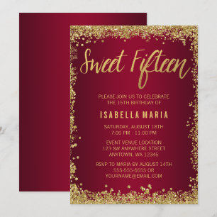 Invitation Sweet 15 Bourgogne Parties scintillant or Quincean