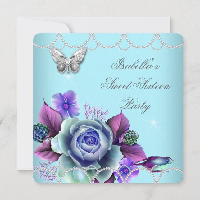 Invitation Sweet 16 16e Perle Turquoise de papillon pourpre f (Devant)