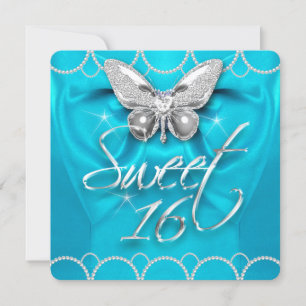 Invitation Sweet 16 16e Turquoise Blue Butterfly Pearl Party