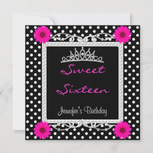 Invitation Sweet 16 16th Black White spot Rose floral Tiara