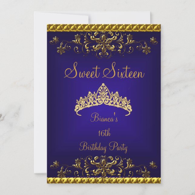 Invitation Sweet 16 16th Deep Blue Gold Diamond Tiara (Devant)