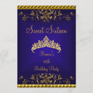 Invitation Sweet 16 16th Deep Blue Gold Diamond Tiara